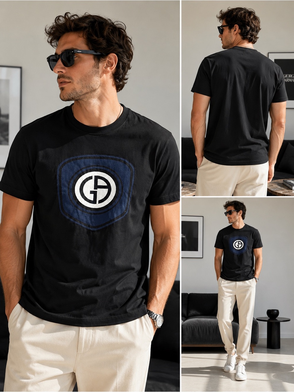 NWT and Box Giorgio Armani Black Tee with Navy and White Logo (SZ EU-48)